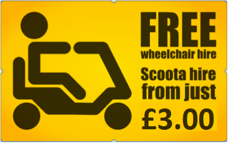 Free wheelchair hire.  Scoota hire from just £2.50.